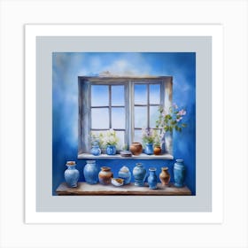 Blue wall. Open window. From inside an old-style room. Silver in the middle. There are several small pottery jars next to the window. There are flowers in the jars Spring oil colors. Wall painting.1 Art Print