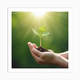 Hand Holding Young Plant With Sunlight Concept Eco Earth Day 0 Art Print