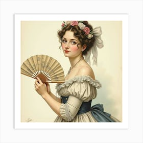 French Lady With An Antique Fan, Watercolor With Classic And Refined Details 1 Art Print