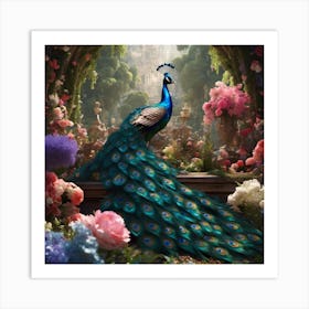 Peacock in pink flowers Art Print