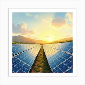 Expansive Solar Farm In Watercolor, With Panels Reflecting The Bright Sun 1 Art Print