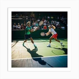 Tennis Match Captured In Mid Action Players Frozen Mid Swing With Rackets Poised To Strike Sunligh (5) Art Print