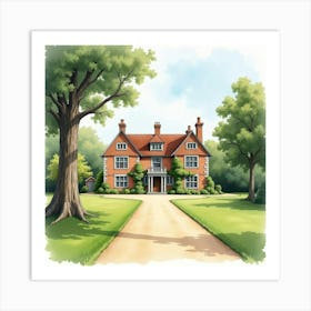 An English Country House With A Sweeping Driveway And Old Trees, Watercolor Art Print