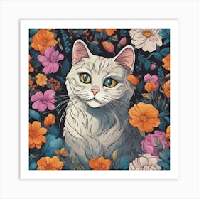 White Cat In Flowers Art Print