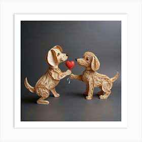 Two Dogs Holding A Heart Art Print