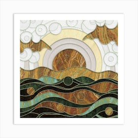 Straight and broken flowing lines and tree shapes, gold, sage, in the form of a tropical ocean. 5 Art Print