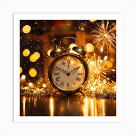 Festive New Year 2024 Vintage Clock With Fireworks Art Print