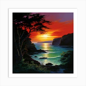 A Hidden Cove Nestles The Meeting Of The Deep Red Sunset With The Olive Green Landscape Art Print