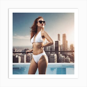 Beautiful Woman In Bikini On The Pool Art Print