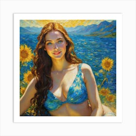 Beautiful Woman With Sunflowersguj Art Print