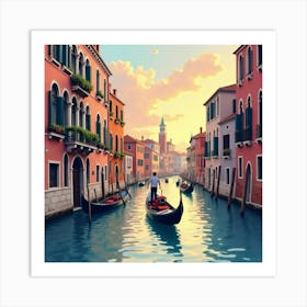 Romantic Watercolor Scene Of A Gondola Ride Through Venice At Dusk 1 Art Print