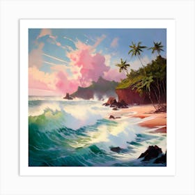 Tropical Island Under Assault By Huge Waves Cascading Onto The Shore Art Print