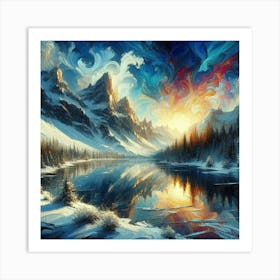 Montain lac oil painting abstract painting art 4 Art Print