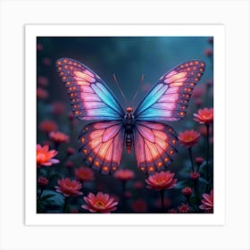 An Abstract Butterfly With Fractal Patterns In A Garden Of Neon Flowers Art Print