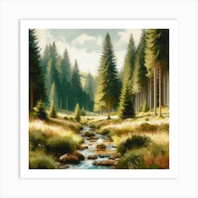 Stream In The Forest, Acrylic Painting Style 4 Art Print