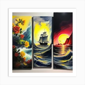 hree different vertical panels, ocean sea ⛵ ships 8 Art Print