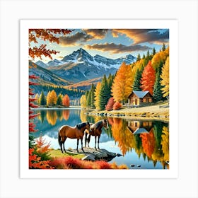 Horses By The Lake Art Print