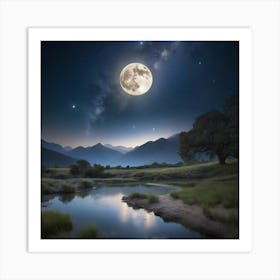 Full Moon Over The Mountains Paintings Art Print Art Print