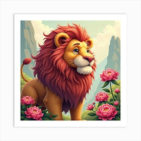 Lion With Vibrant Peonies 1 Art Print