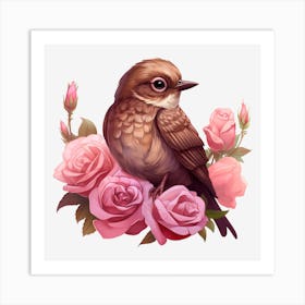 Bird On Roses Art Print