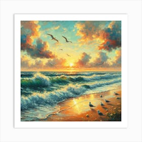 Sunset Beach Waves Seagulls Art Print