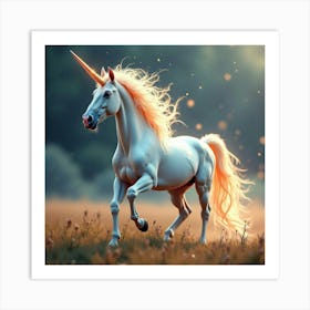 A Mythical Unicorn With A Mane Of Sparkling, Celestial Dust Galloping Through A Surreal Meadow Art Print