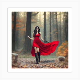 Beautiful Woman In Red Dress In The Forest Art Print