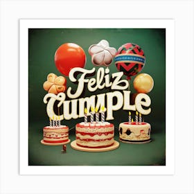 Feliz cumple and Feliz cumpleaños sign means Happy Birthday in Spanish language, Birthday party celebration gift with birthday cake candle colorful balloons best congratulation over light background wall artFeliz Cumple 48 Art Print