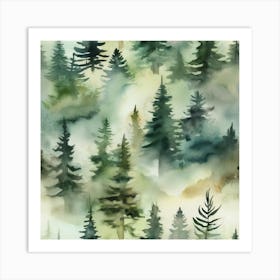 Appalachian Mountains of Misty Pines Watercolor Print of Evergreen Forest..375 Art Print