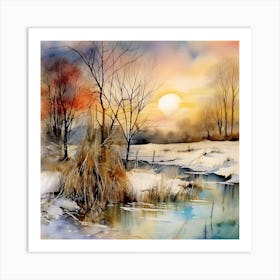 Winter Landscape Watercolor Painting Art Print