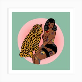 Zara And The Snake In Pink And Teal Square  Art Print