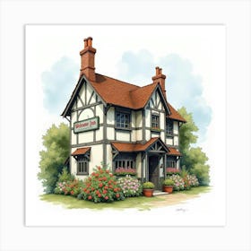 A Traditional English Country Inn With A Welcoming Sign And Flowers, Watercolor Style 1 Art Print