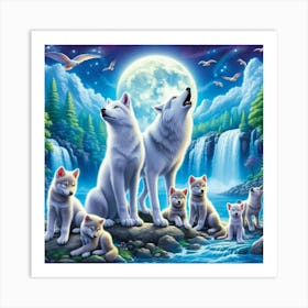 Wolf Family under moonlit waterfall Art Print