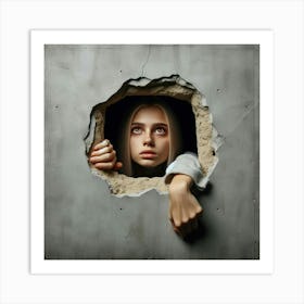 Girl Peeking Out Of Hole Art Print