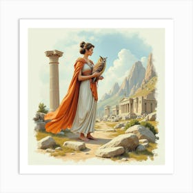 Athena With Owl Amid Ancient Greek Ruins, Watercolor 1 Art Print