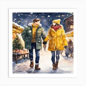 Couple Walking In The Snow Art Print
