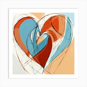 Heart Doodle Sketch Blue & Orange 3 Art Print