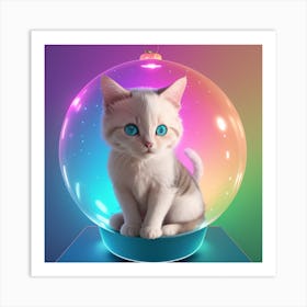 Gradient Pink and blue and green baby british cat happy and smiling,full body,sharp focus,looks funny,glowing,glitter,shine,sitting in the big fire sphere,very cute,8k,hd,CFG Scale4.5 Art Print