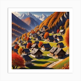 Autumn Village In The Mountains 2 Art Print