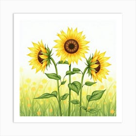 Bright Watercolor Sunflowers Standing Tall In A Field Art Print