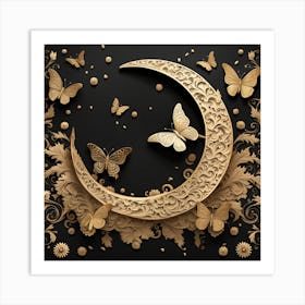 Crescent Moon Modern Carved Plaque with Butterflies Art Print