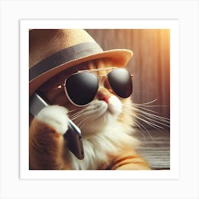 A Cat With A Hat And Sunglasses On Talking On A Mobile Phone Affiche