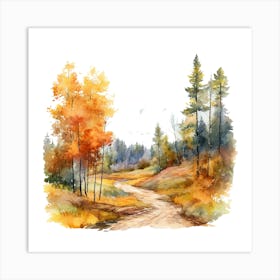 Watercolor Autumn Forest Road 1 Art Print