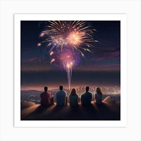 Sdxl 09 People Sitting On A Hill Watching Fireworks Above Los 1 Art Print