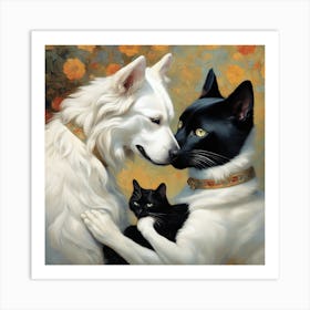 Black Cat And White Dog Art Print