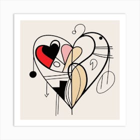 Abstract Heart Doodle Red Pink & Cream Art Print