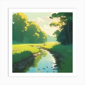 Peaceful Countryside River Acrylic Painting Trending On Pixiv Fanbox Palette Knife And Brush Stro (5) Art Print