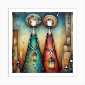 Two Girls Holding Lanterns Art Print