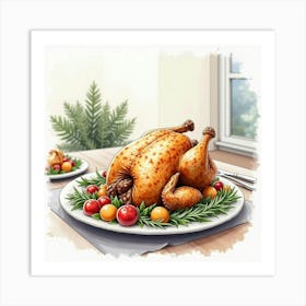 Watercolor Scene Of A Classic And Flavorful Roast Chicken With Veggies On A Modern Dining Table Art Print