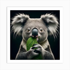 Cute Koala chewing on leaf portrait isolated on black background 2 Art Print